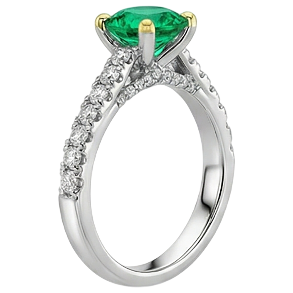 Kolumbianischer Smaragd Rund-Brillant Edelstein-Ring in Bicolor 14K Gold – Profilansicht