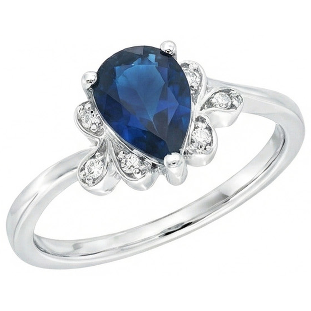 Ceylon-Saphir-Jubiläumsring mit Birnenschliff und Diamanten 2.30 Ct 14K