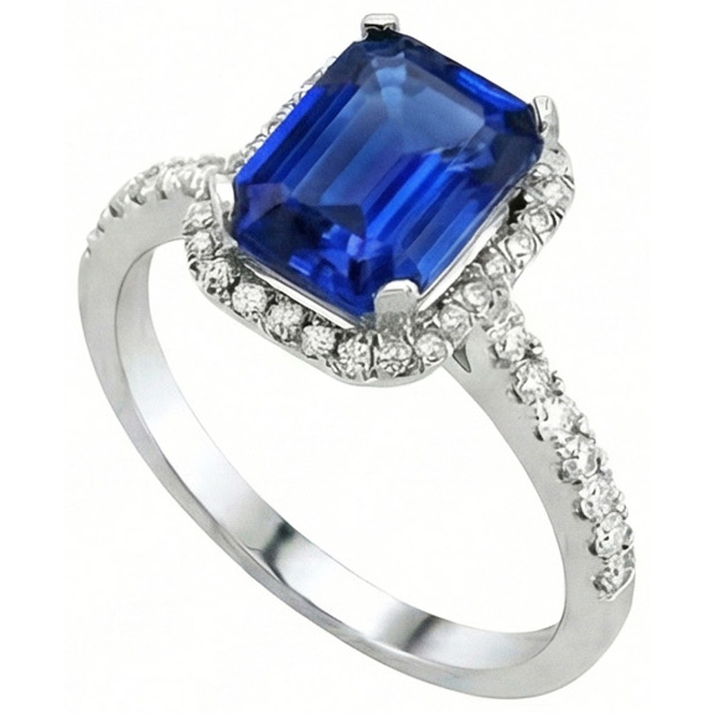 Ceylon blauer Saphir mit Diamanten Ring 3.50 ct Weißgold 14K