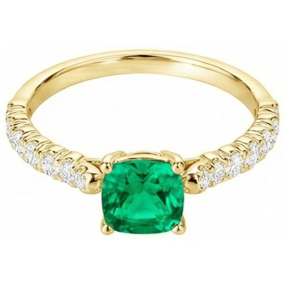 Cushion Smaragd Ring in 14 Karat Gelbgold – Schrägansicht