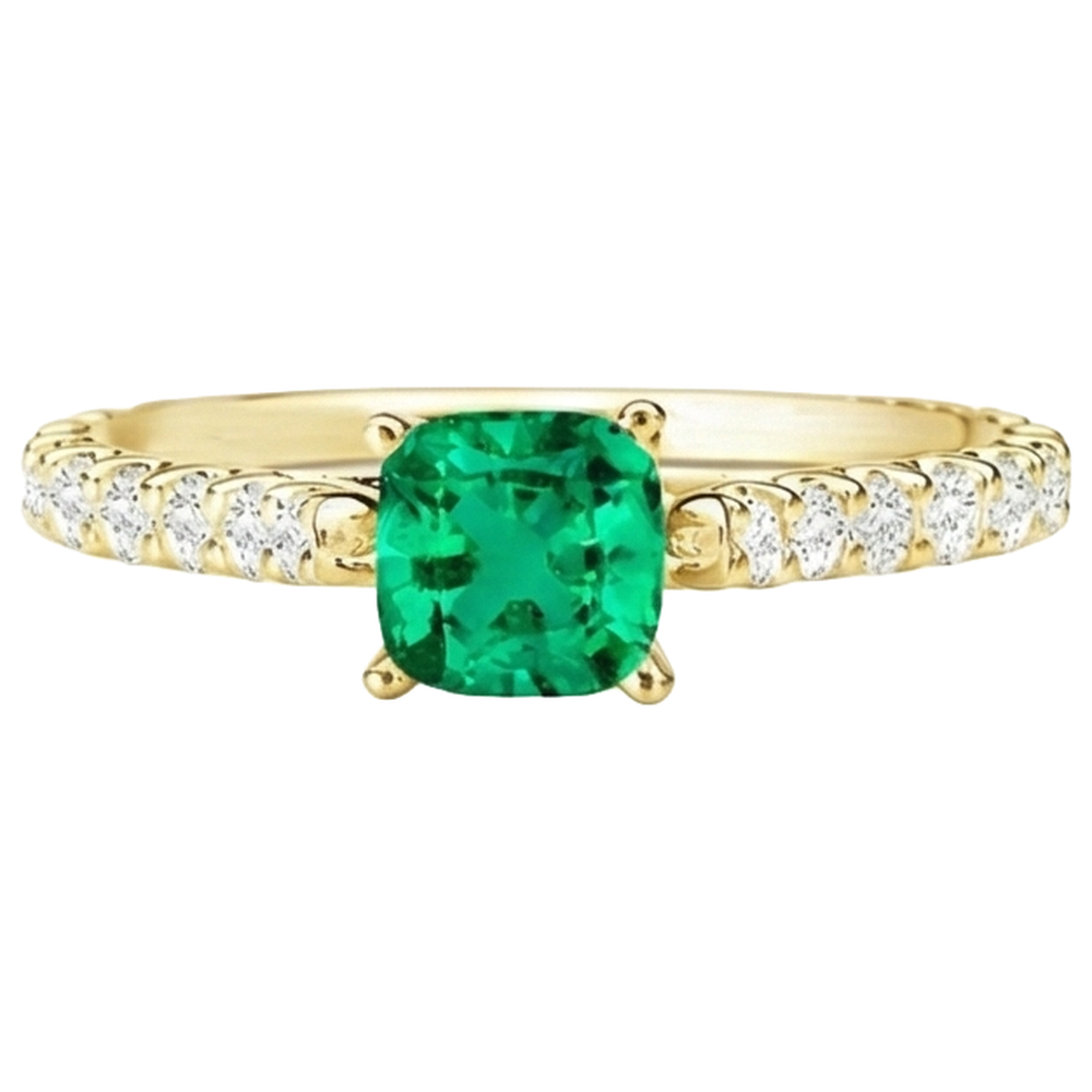 Cushion Smaragd Ring in 14 Karat Gelbgold – Frontansicht