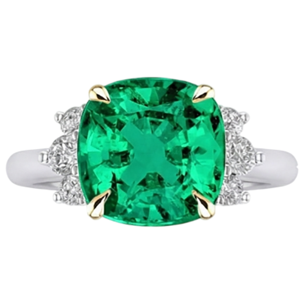 Smaragd Cushion Edelstein-Ring in Zweifarbiges 14K Gold – Frontansicht