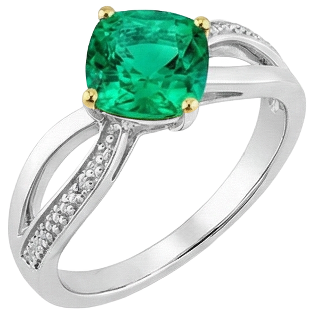 Cushion Smaragd Ring in Bicolor 14K Gold – Seitenansicht
