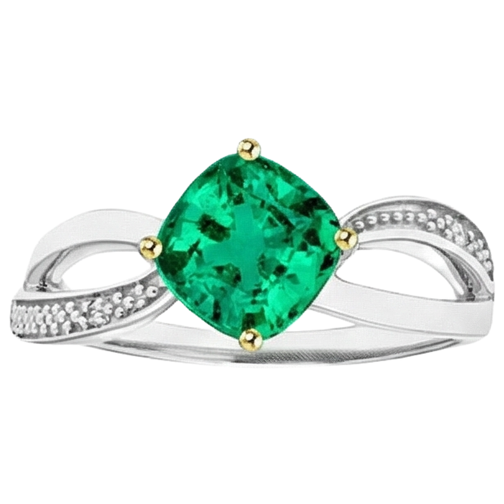 Cushion Smaragd Ring in Bicolor 14K Gold – Schrägansicht