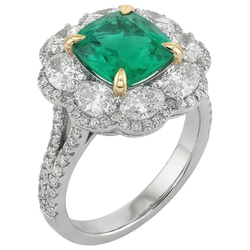 Kolumbianischer Smaragd Kissen-Schliff Schmuckstein-Ring in Bicolor 14K Gold – Seitenansicht