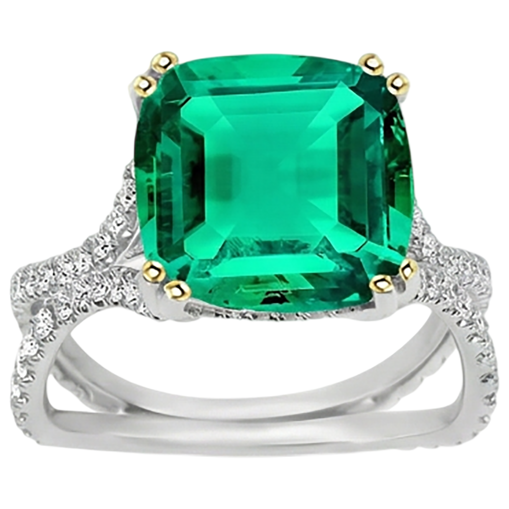 Kissen-Schliff Smaragd Ring in Bicolor 14K Gold – Seitenansicht
