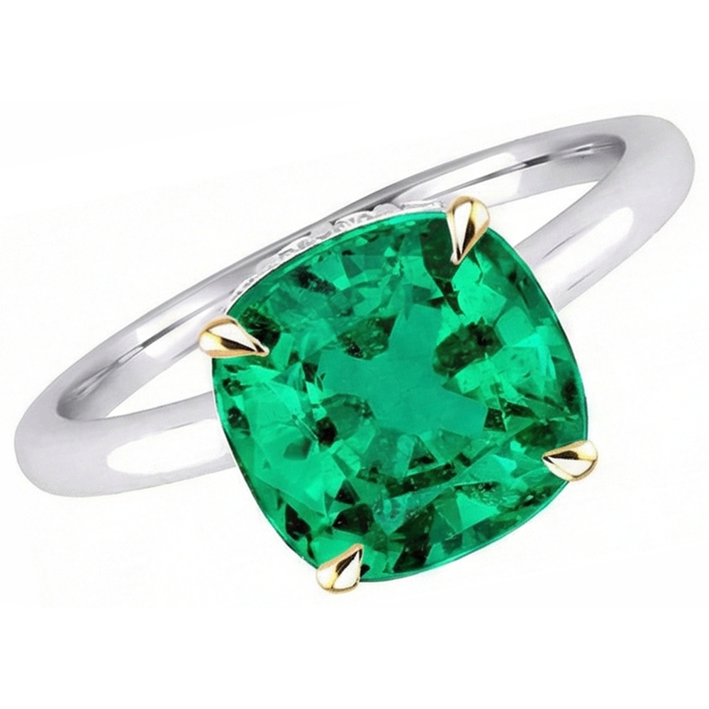 Smaragd Kissen-Schliff Edelstein-Ring in Bicolor 14K Gold – Schrägansicht