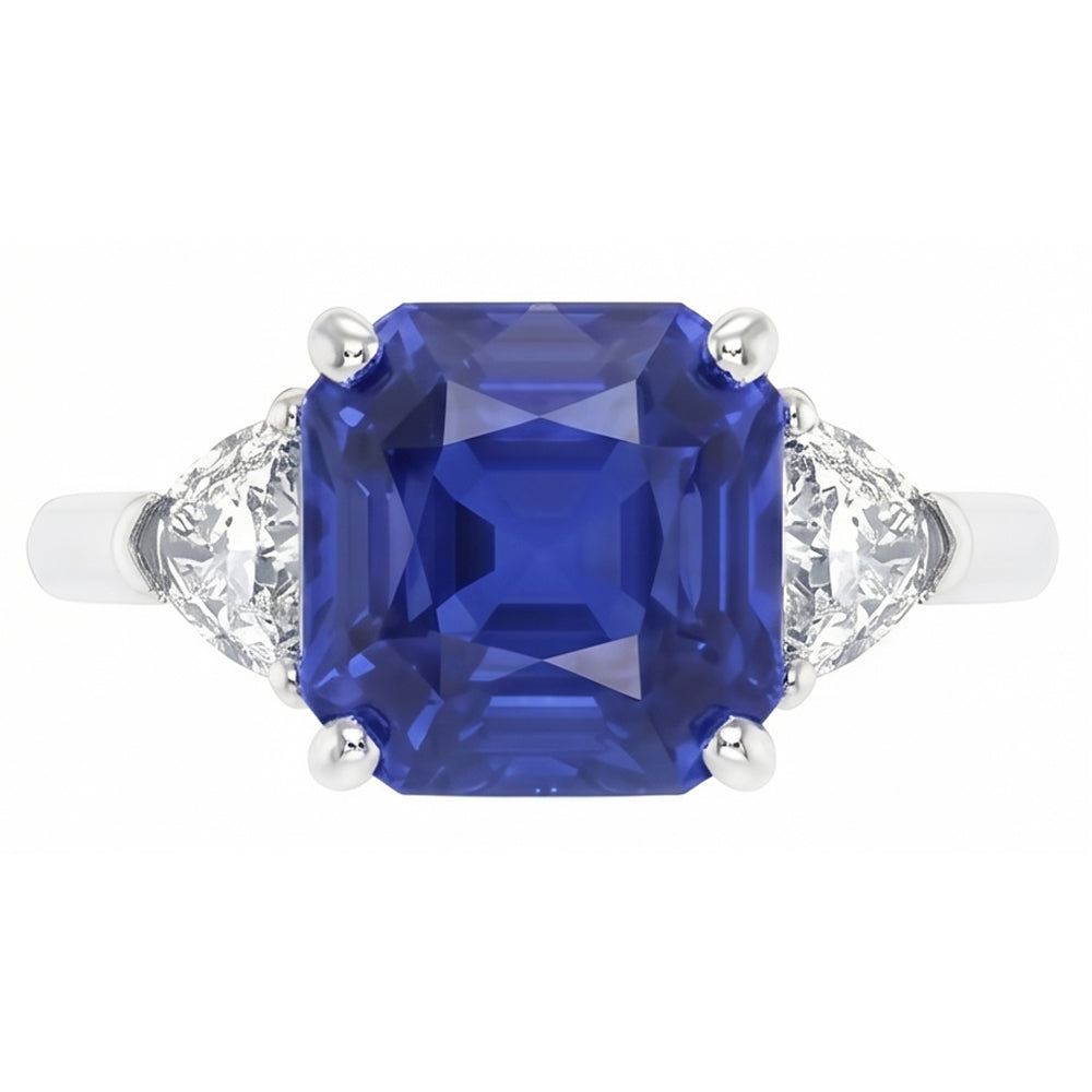 Damen 3 Steine Ring Asscher Ceylon Saphir & Diamanten 4,50 Karat