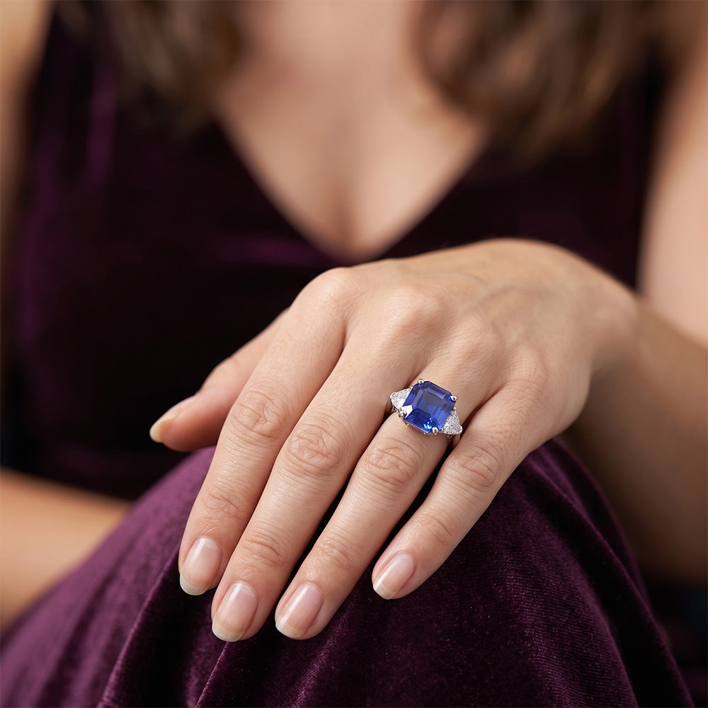Damen 3 Steine Ring Asscher Ceylon Saphir & Diamanten 4,50 Karat