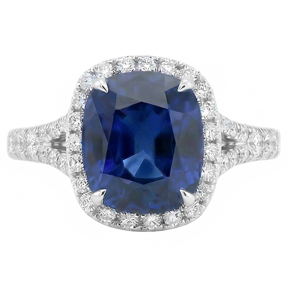 Damen Halo Cushion Cut Saphir Ring Pave Set Natürlicher Diamant ( nicht im Labor gezüchtet )en 4 Karat