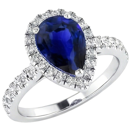 Damen Halo Sri Lanka Saphir & Natürlicher Diamant ( nicht im Labor gezüchtet ) Ring 4 Karat Weißgold 14K