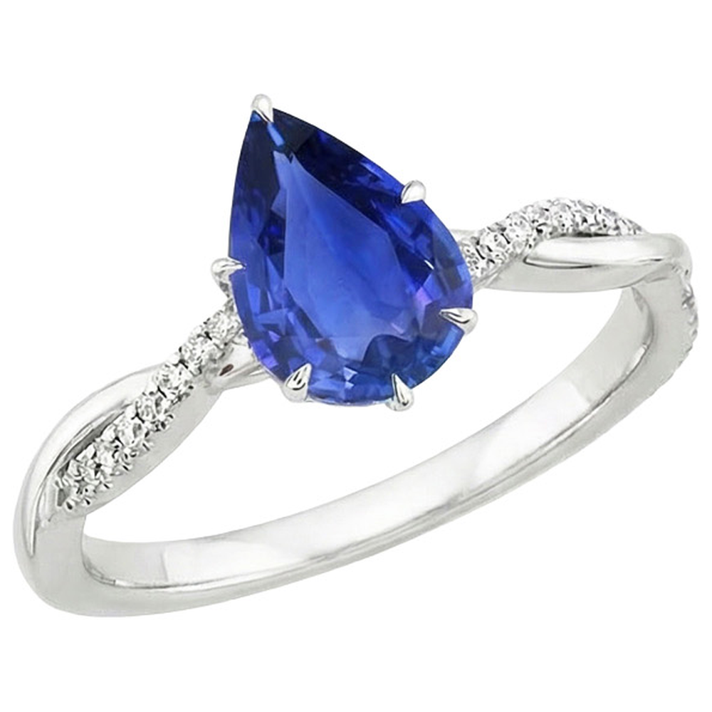 Damen Verlobungsring Diamant & Birne Blauer Saphir Weißgold 5 Karat