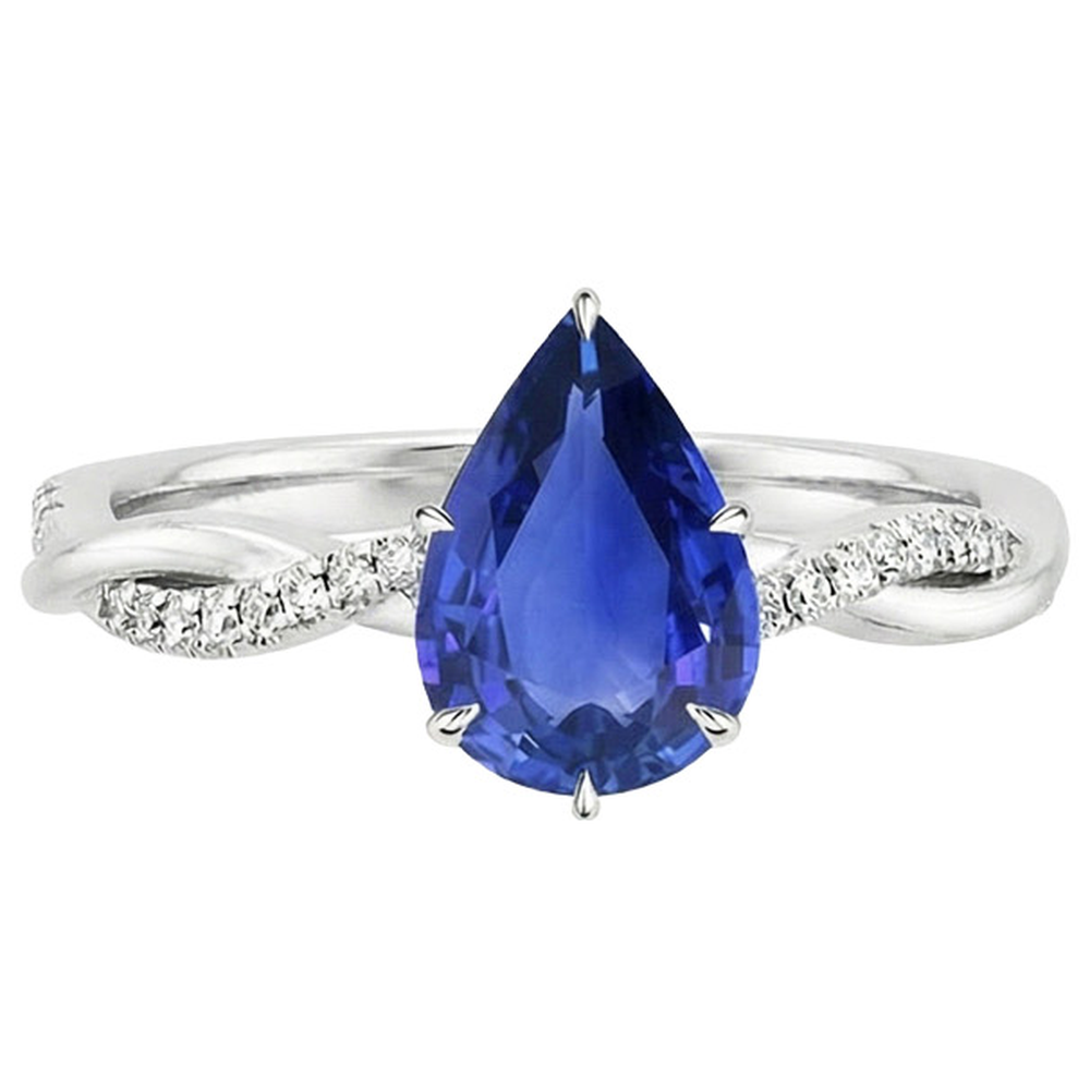 Damen Verlobungsring Diamant & Birne Blauer Saphir Weißgold 5 Karat
