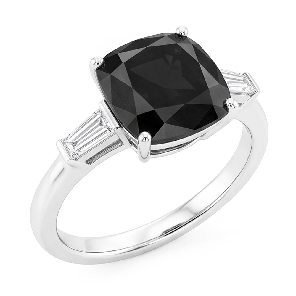 Dunkler Diamant Verlobungsring 3,6 Karat Echter Kissenschliff Schwarze Baguettes Drei Steine 14 Karat Weißgold