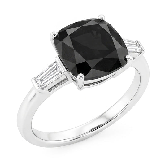Dunkler Diamant Verlobungsring 3,6 Karat Echter Kissenschliff Schwarze Baguettes Drei Steine 14 Karat Weißgold