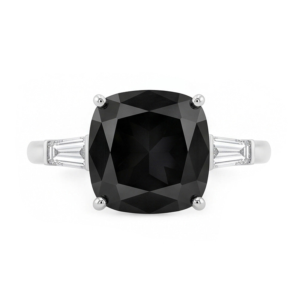 Dunkler Diamant Verlobungsring 3,6 Karat Echter Kissenschliff Schwarze Baguettes Drei Steine 14 Karat Weißgold