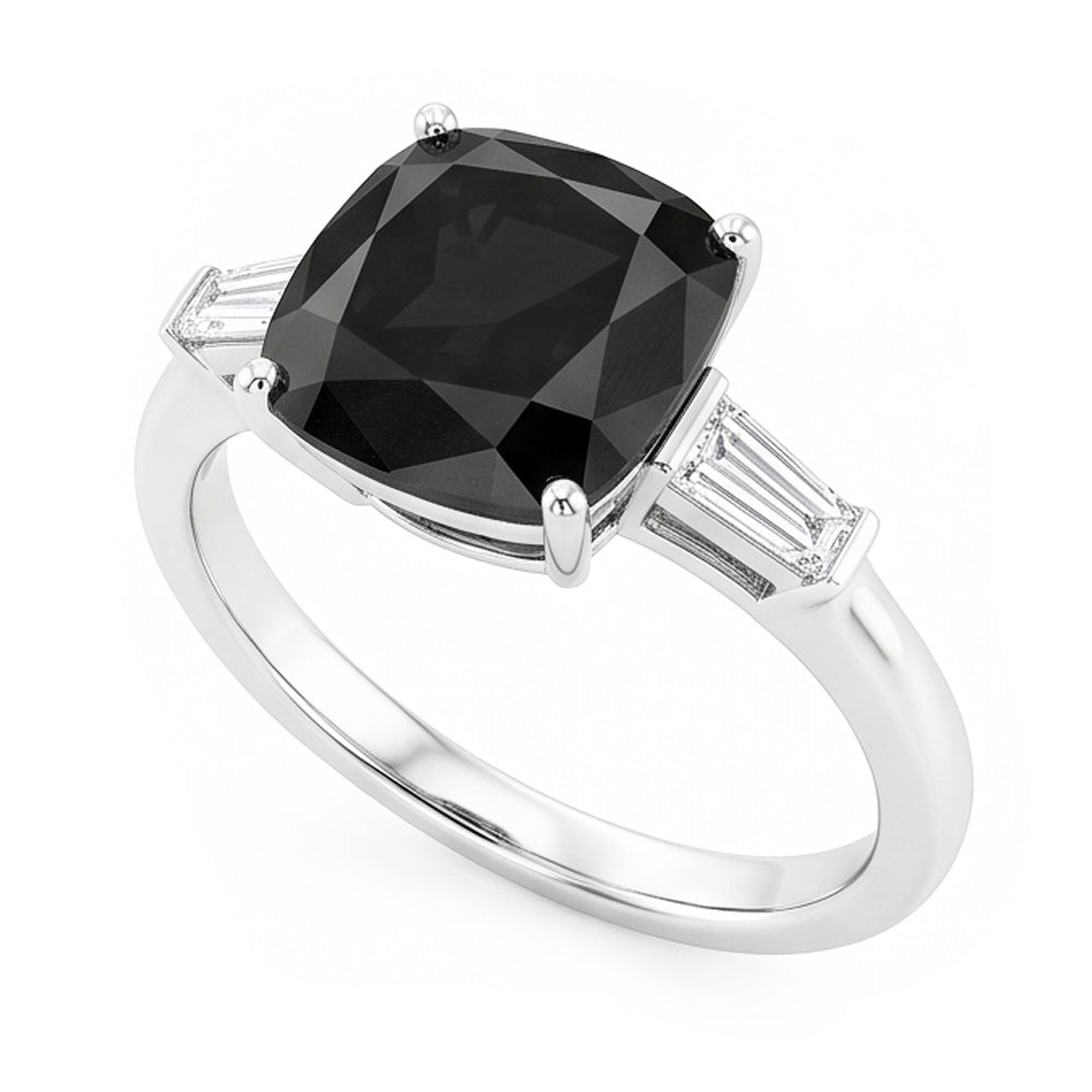 Dunkler Diamant Verlobungsring 3,6 Karat Echter Kissenschliff Schwarze Baguettes Drei Steine 14 Karat Weißgold