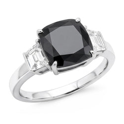 Verlobungsring mit dunklem Diamant 4,6 Karat Echter Kissenschliff Schwarzes Trapez Drei-Stein 14 Karat Weißgold