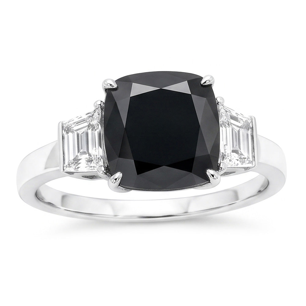 Verlobungsring mit dunklem Diamant 4,6 Karat Echter Kissenschliff Schwarzes Trapez Drei-Stein 14 Karat Weißgold