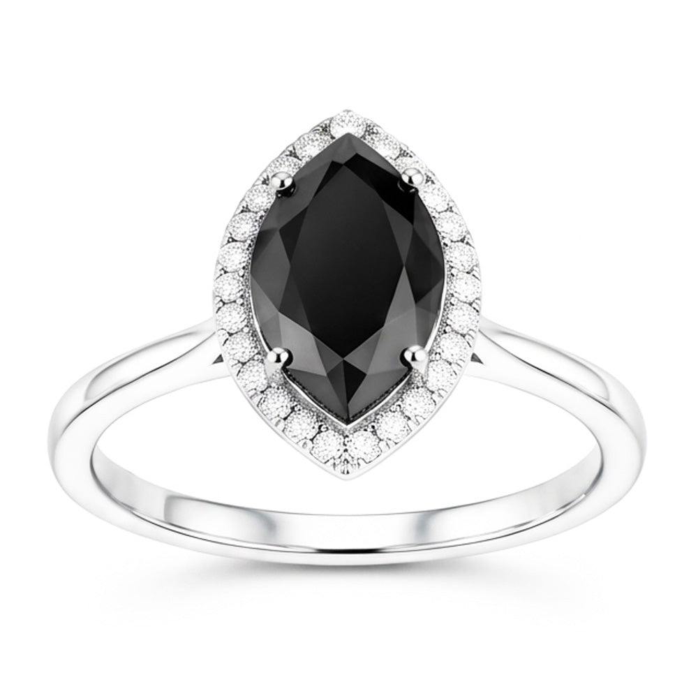 Verlobungsring mit dunklem Diamant 8 Karat natürlicher Marquise schwarzer Halo 14 Karat Weißgold