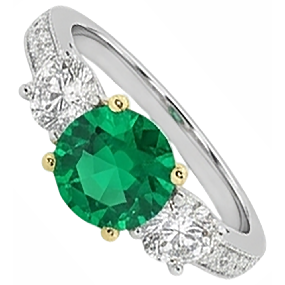 Edler Smaragd Brillantschliff Edelstein-Ring in 14 Karat Zweifarbig Gold – Schrägansicht
