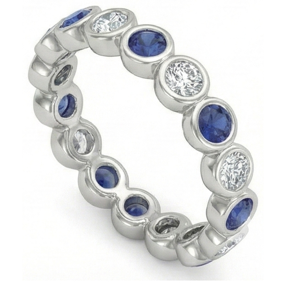 Diamant Ewigkeit Band 2 Karat Lünette Set Rund Blauer Saphir Damen