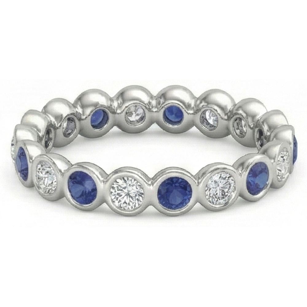 Diamant Ewigkeit Band 2 Karat Lünette Set Rund Blauer Saphir Damen