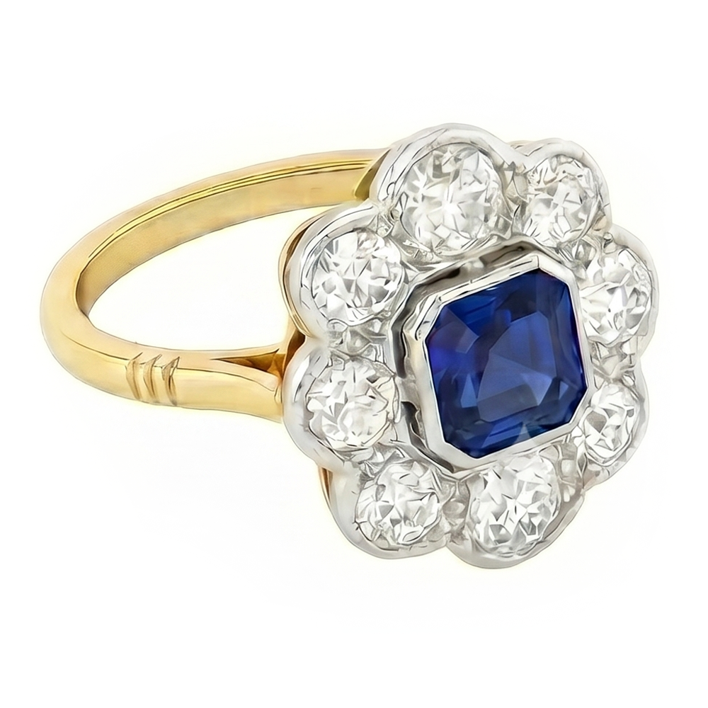 Diamant Halo Saphir Ring Lünette Set Asscher Cut Flower Style 4 Karat