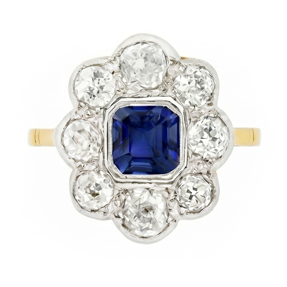 Diamant Halo Saphir Ring Lünette Set Asscher Cut Flower Style 4 Karat