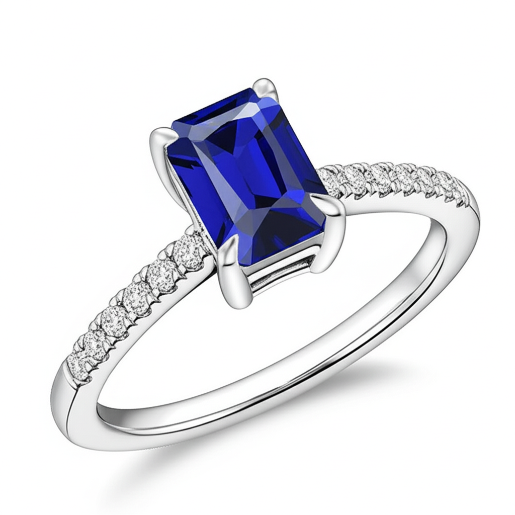 Diamant-Solitär-Akzent-Ring Smaragd blauer Saphir 4 Karat