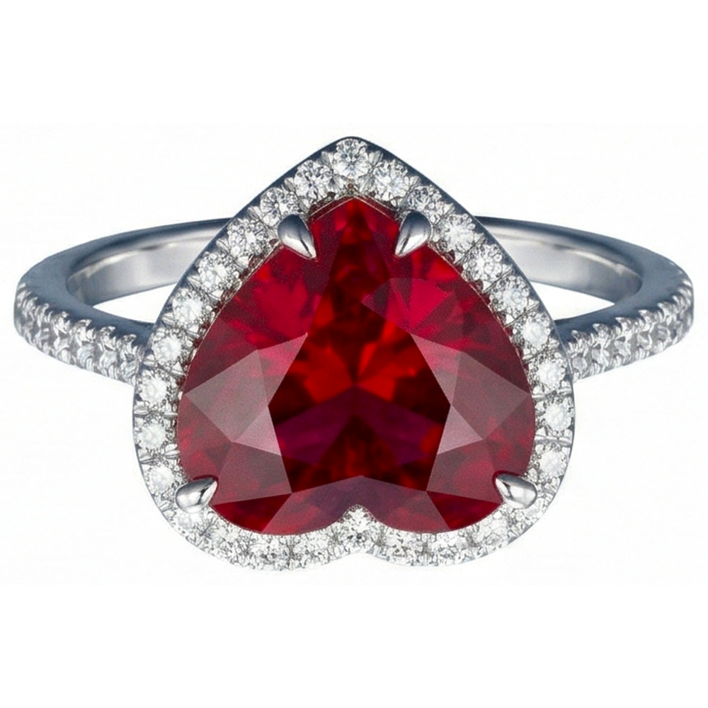 Diamantring in Herzform mit Rubin und Akzenten Weißgold 14K 5.35 Ct