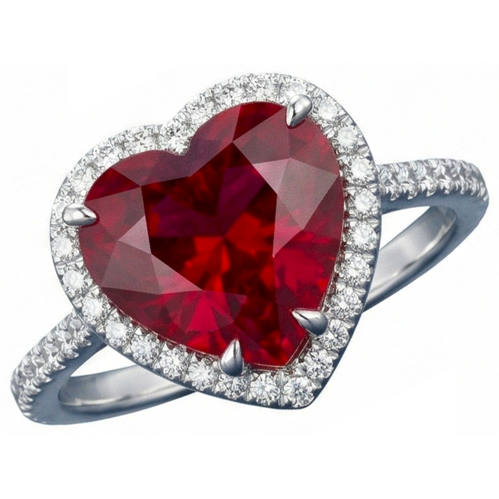 Diamantring in Herzform mit Rubin und Akzenten Weißgold 14K 5.35 Ct