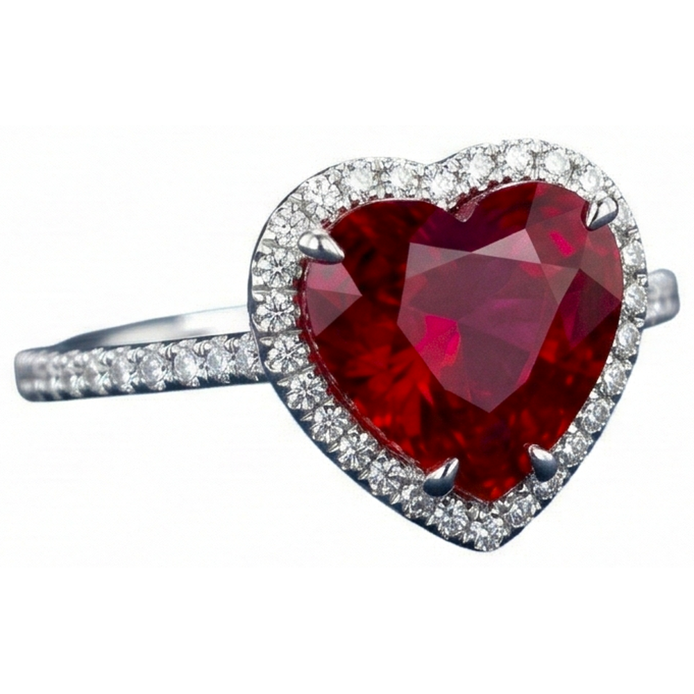 Diamantring in Herzform mit Rubin und Akzenten Weißgold 14K 5.35 Ct