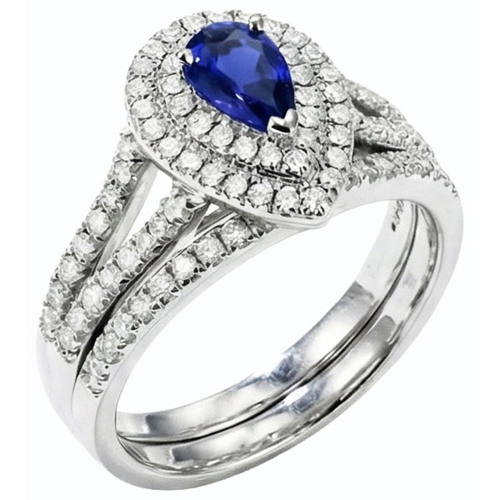 Doppelter Halo Ehering Set Birnenblauer Saphir & Natürlicher Diamant ( nicht im Labor gezüchtet )en 4,50 Karat