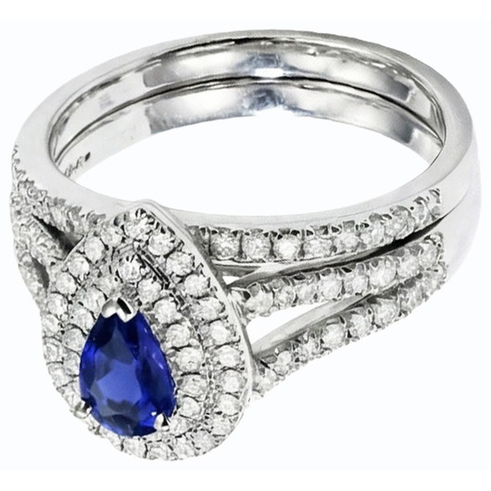 Doppelter Halo Ehering Set Birnenblauer Saphir & Natürlicher Diamant ( nicht im Labor gezüchtet )en 4,50 Karat