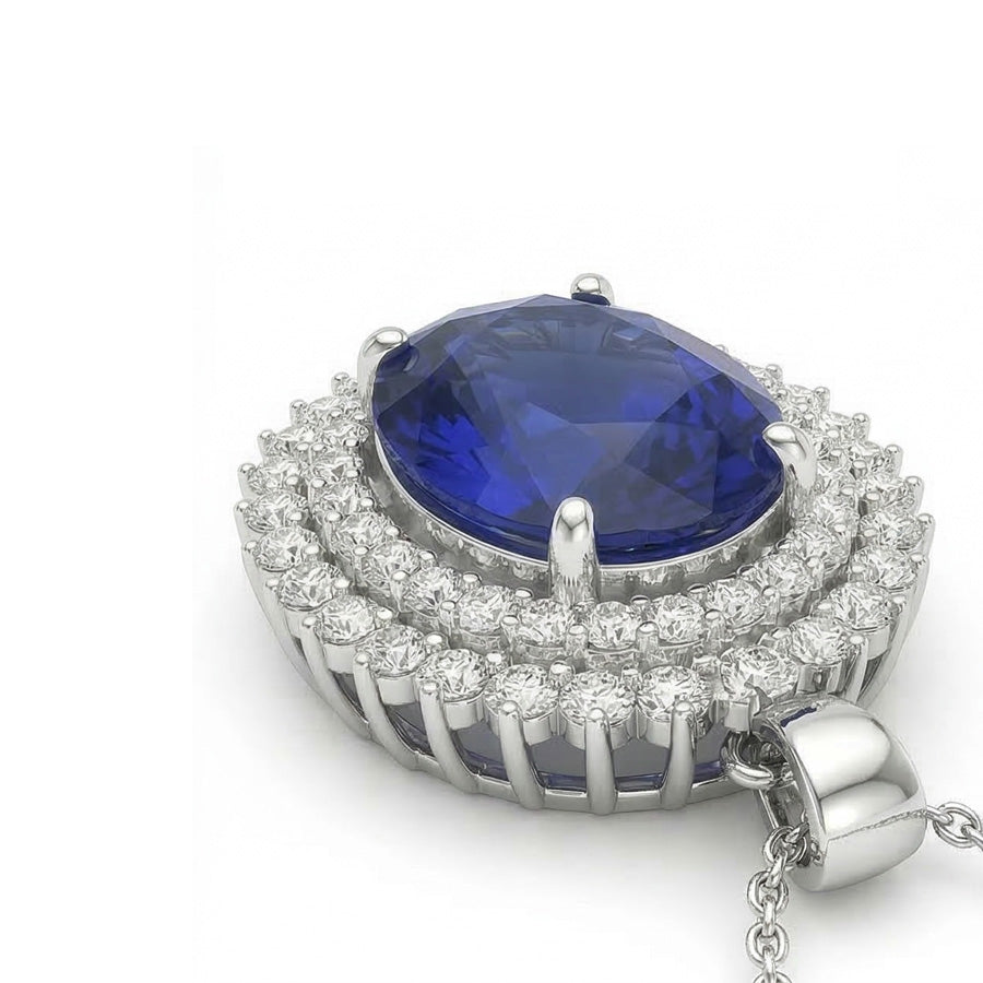 Blauer Saphir Oval Edelstein-Anhänger in 14 Karat Weißgold – Schrägansicht