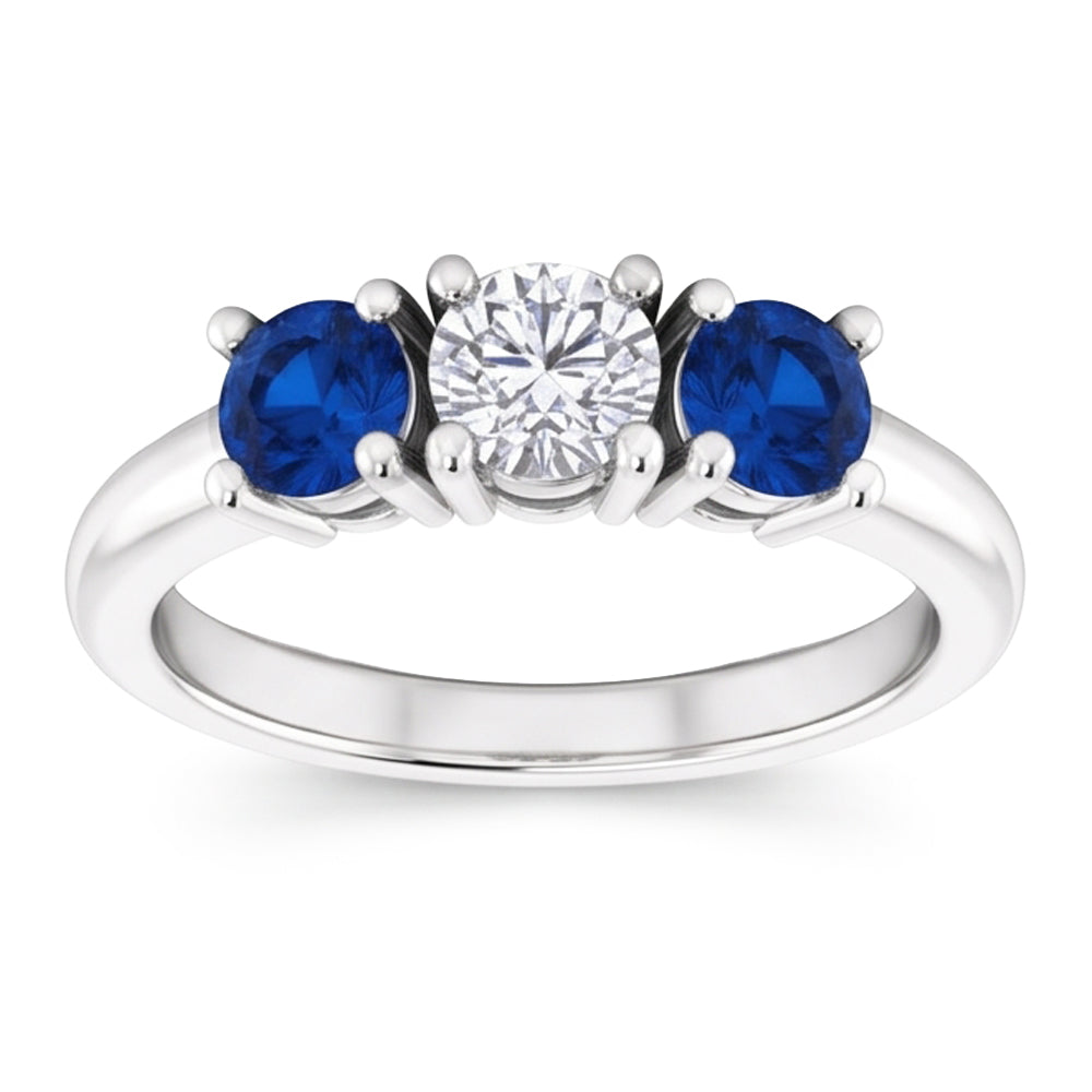 Drei-Stein-Echt Diamant-Ring 0,60 Karat Ceylon Blauer Saphir Schmuck Neu