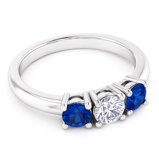 Drei-Stein-Echt Diamant-Ring 0,60 Karat Ceylon Blauer Saphir Schmuck Neu