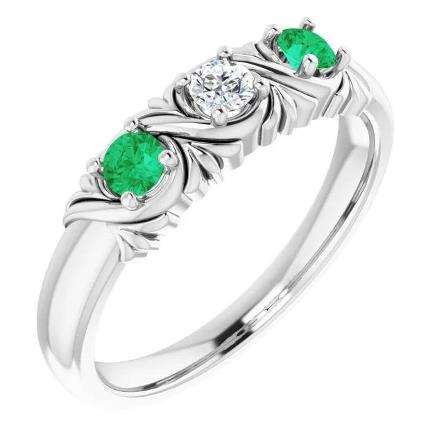 Drei-Stein-Echt Diamant-Ring Antik-Stil 0,60 Karat Smaragd