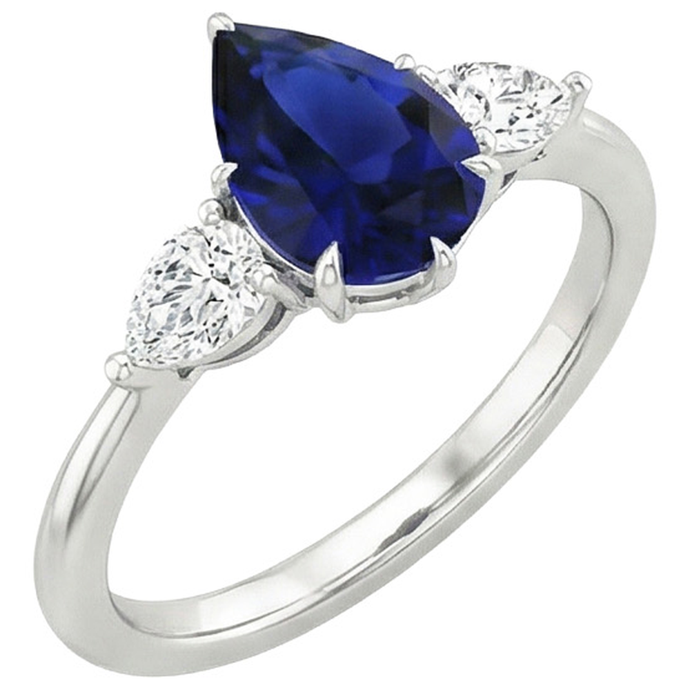 Drei-Stein-Goldring mit Ceylon-Saphir und Diamant im Birnenschliff 6.75 Karat