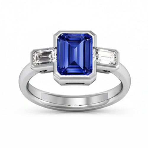 Drei-Stein-Smaragd-Diamant-Saphir-Ring, halbe Lünette, 1,75 Karat