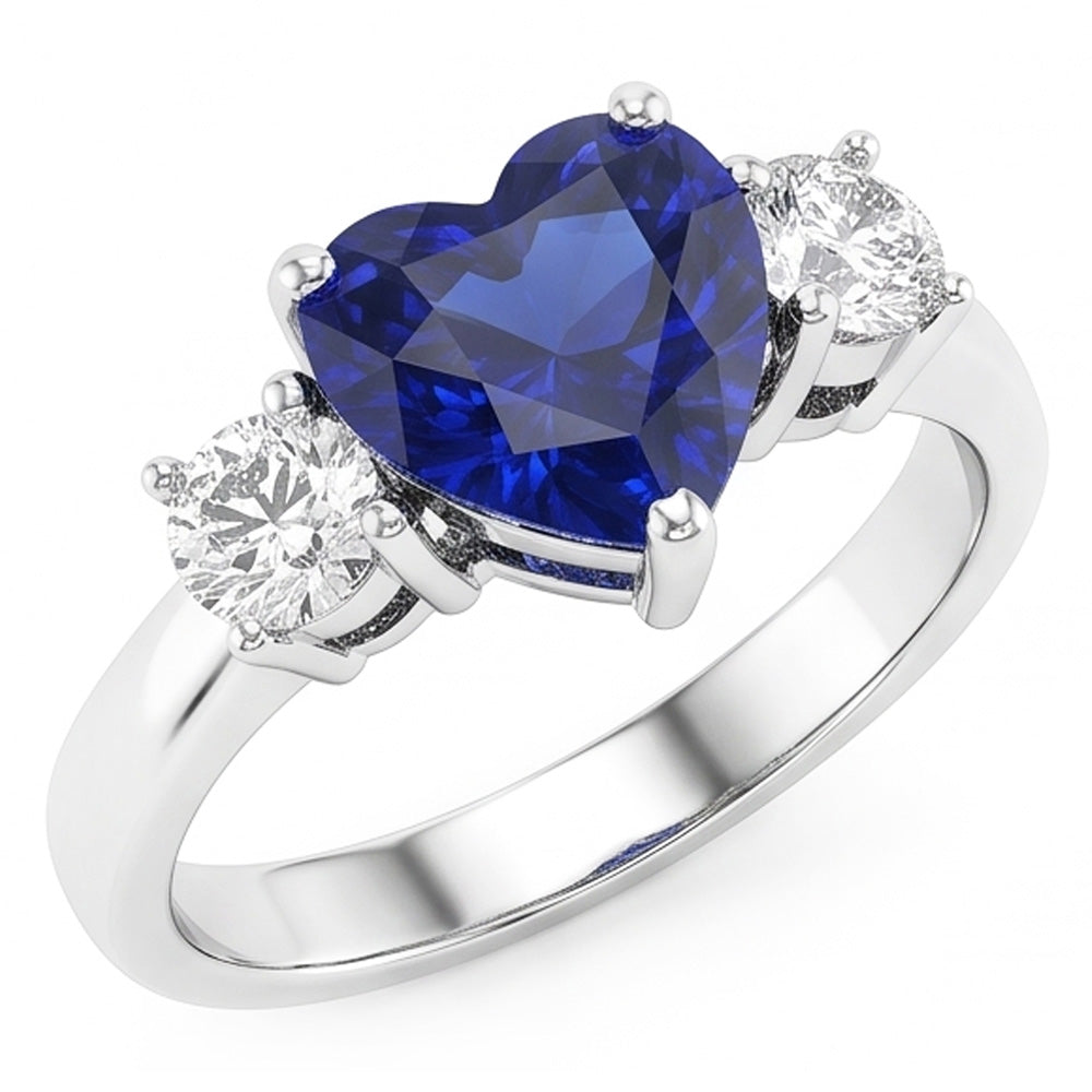 Drei Steine Herz Blauer Saphir Ring & Runde Natürlicher Diamant ( nicht im Labor gezüchtet )en 2,50 Karat