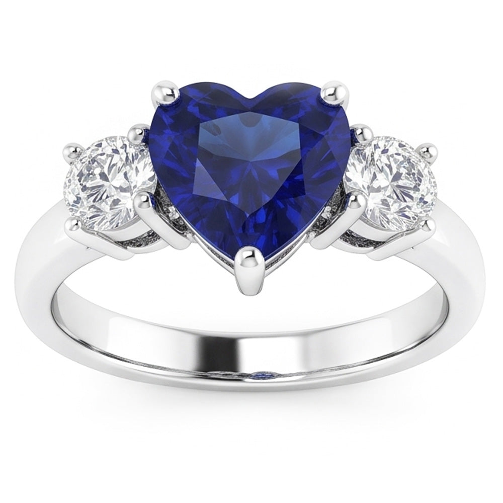 Drei Steine Herz Blauer Saphir Ring & Runde Natürlicher Diamant ( nicht im Labor gezüchtet )en 2,50 Karat