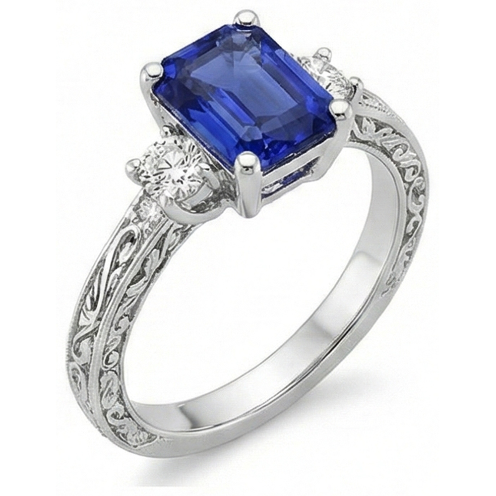 Drei-Steine-Ring Antik-Stil Blauer Saphir & Diamanten 4,50 Karat