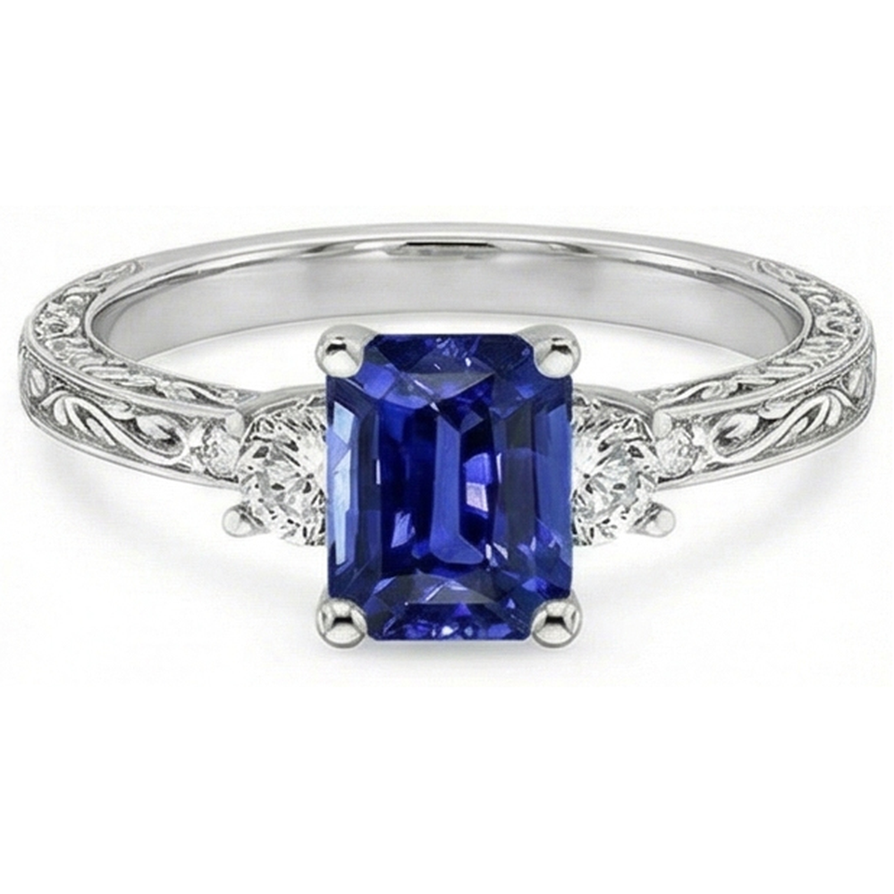 Drei-Steine-Ring Antik-Stil Blauer Saphir & Diamanten 4,50 Karat