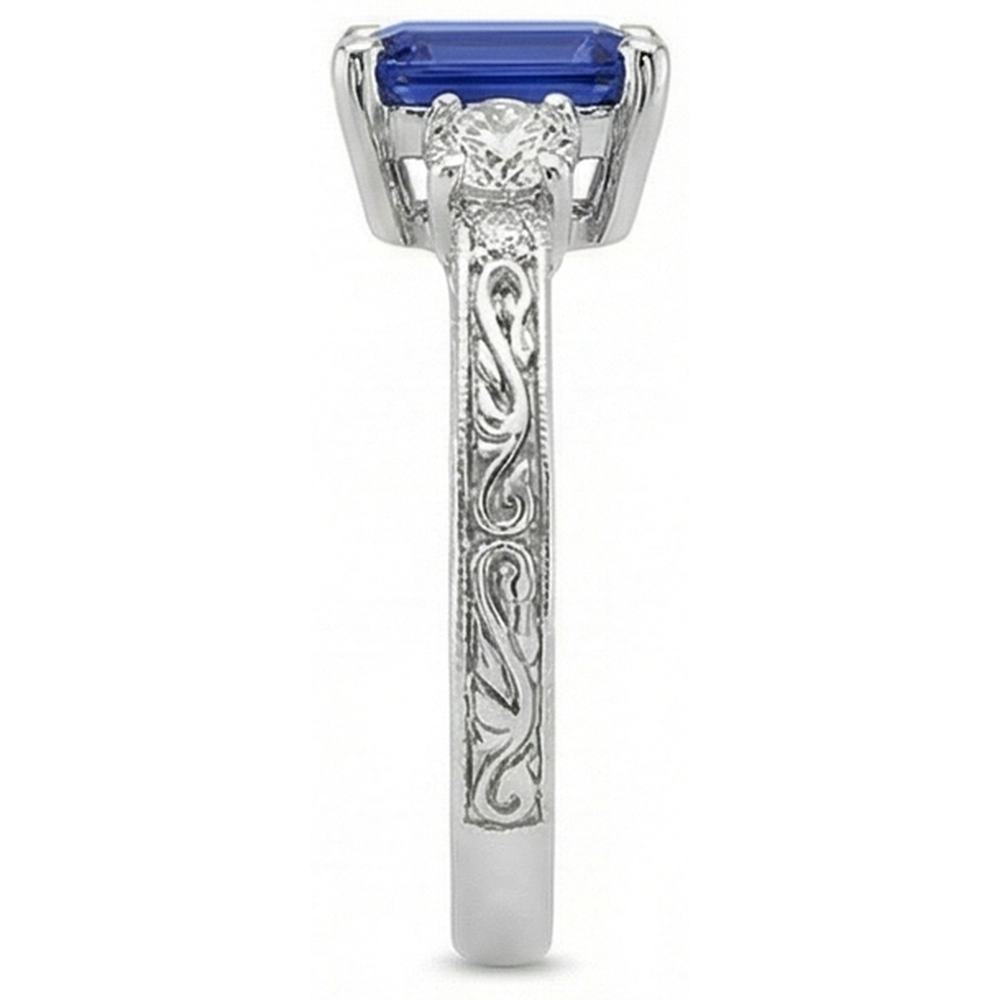 Drei-Steine-Ring Antik-Stil Blauer Saphir & Diamanten 4,50 Karat