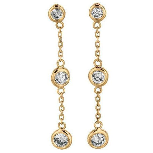 Drop Down Lünette Ohrringe Runder Brillant Natürliche Diamant 2 Kt. Gelbgold 14K