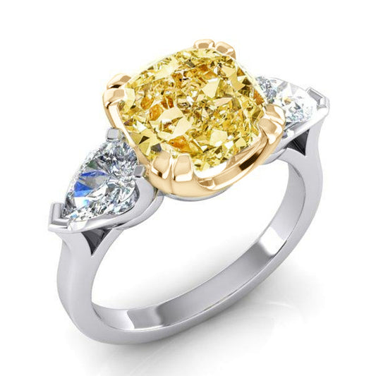 Echt Kissen Gelber Kanarienring Natürlich Erde Gewonnener Birnen Diamants Gold 14K