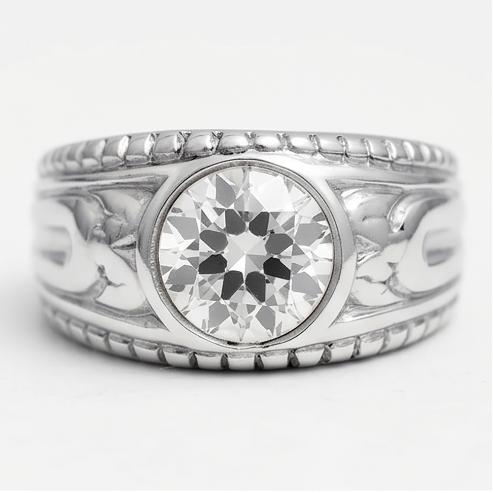 Edler Diamant Herrenring – Old Mine Cut 2 Karat 10K White Gold