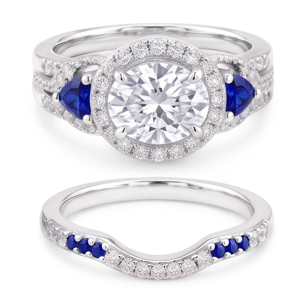 Ehering Set Echt Diamant Blauer Saphir 5 Karat Damen Schmuck